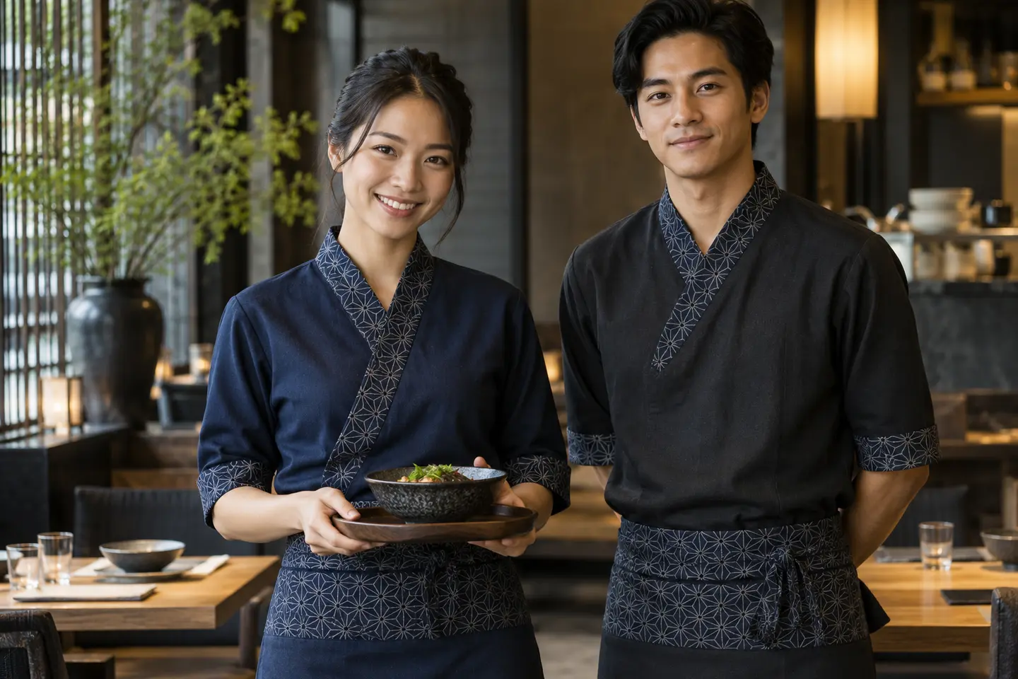 襟・袖・帯に和柄を配した店舗ユニフォーム(記事用イメージ)